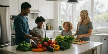 Family preparing healthy meal together, symbolizing SNAP benefits and food security.