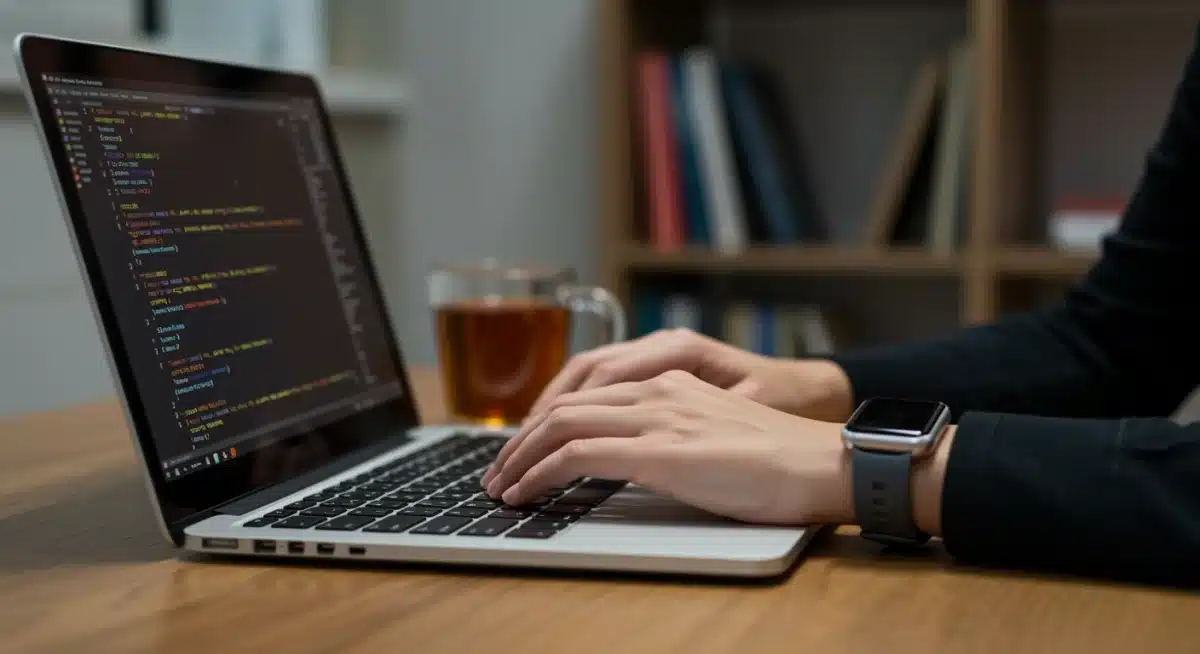 Hands typing code on a laptop, focused online tech learning.