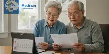 Senior couple reviewing Medicare Part B premium statements and budgeting for 2025 changes.