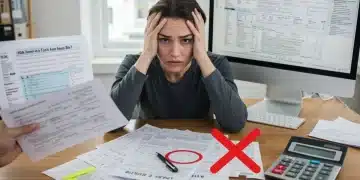 Stressed person surrounded by tax documents, calculator, and computer, symbolizing common tax filing mistakes to avoid.