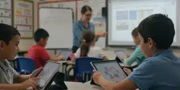 Students learning with technology in a modern classroom