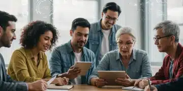 Diverse adults learning together in a modern classroom setting with digital tools