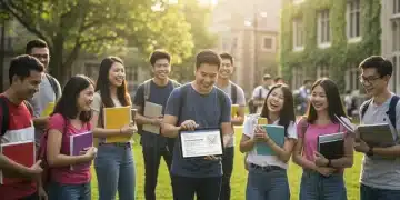 Diverse college students on campus discussing scholarship opportunities