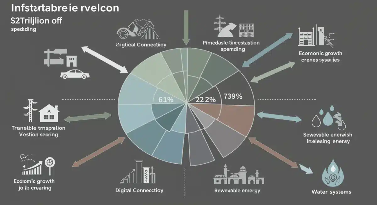 Infographic showing breakdown of  trillion infrastructure spending across sectors like transportation and digital connectivity.