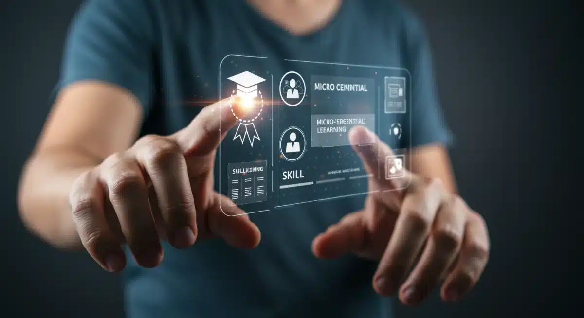 Hands interacting with a holographic display of micro-credentials and digital badges