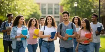 College students walking on a sunny campus, representing the pursuit of higher education.