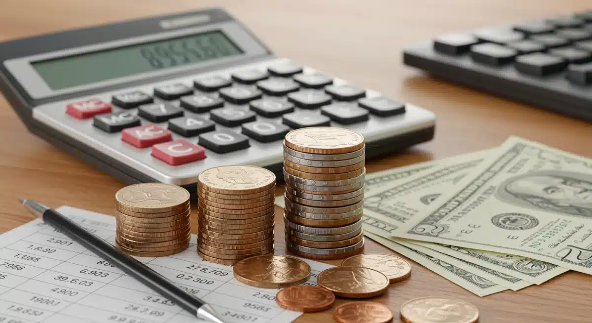 Calculator with stacks of coins and dollar bills, representing financial calculations and monetary adjustments