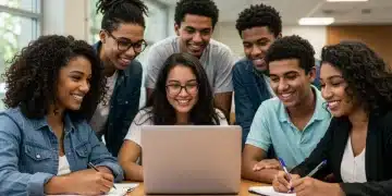 High school seniors applying for STEM scholarships on a laptop.