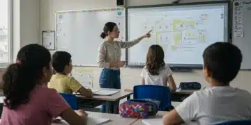 Diverse students learning in a modern classroom with advanced technology