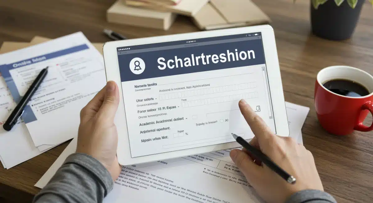 Student meticulously completing an online scholarship application form.