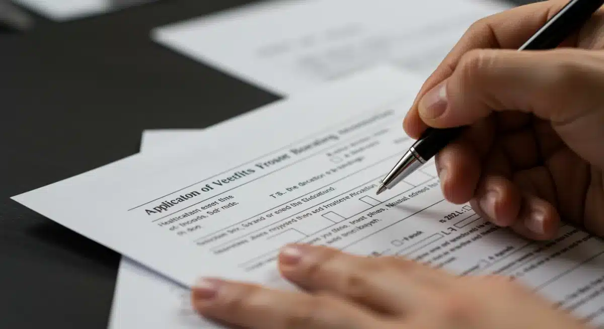 Hand filling out a 2026 veterans' benefits application form