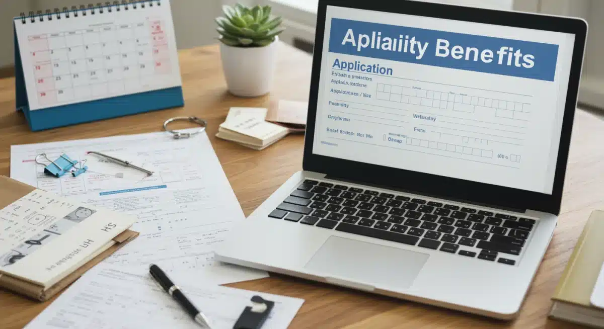 Desk with laptop displaying disability application and medical documents.
