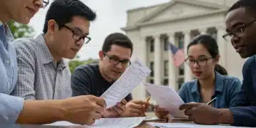 Diverse individuals reviewing disability benefit application forms with determination.