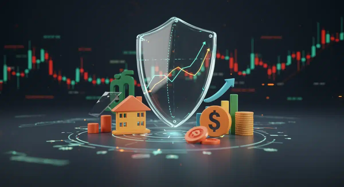 Diversified investment portfolio with a protective shield, representing strategies to combat inflation.