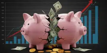 Piggy bank eroding, symbolizing savings being diminished by inflation, with financial charts in the background.