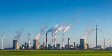 Industrial complex with smokestacks and a wind turbine under a clear sky, symbolizing environmental policy changes.