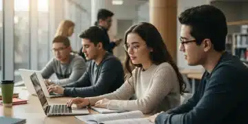 College students studying and discussing financial aid forms in a library, symbolizing Pell Grant eligibility and financial impact for 2025-2026.