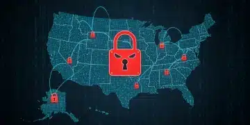 Digital padlock over US map, representing widespread ransomware threat