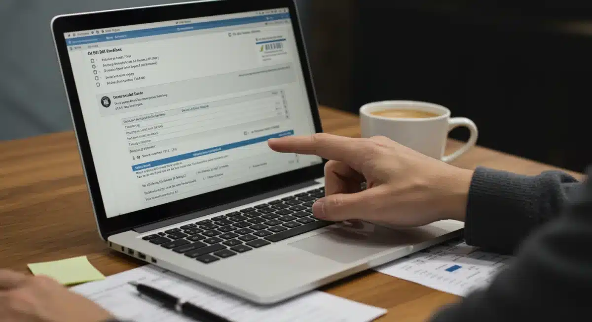 Veteran reviewing financial aid forms on a laptop, planning GI Bill benefit usage.