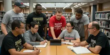 Veterans studying together in a modern university library, utilizing GI Bill benefits for their education.