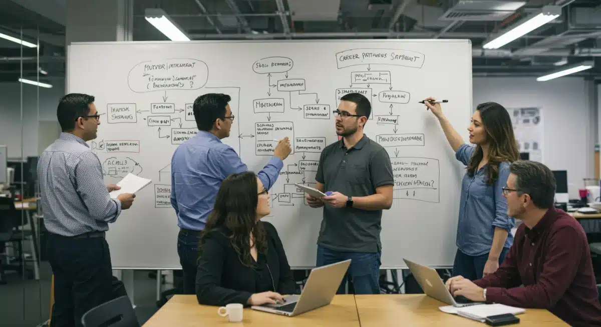 Professionals collaborating, showcasing career growth after skills upgrade.