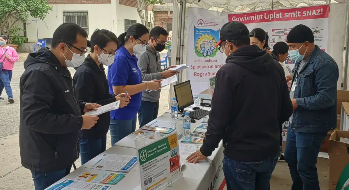 Community workers helping individuals with SNAP benefit applications at an outreach event.
