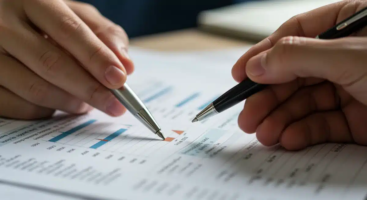 Hand pointing at financial statement details, emphasizing tax implications