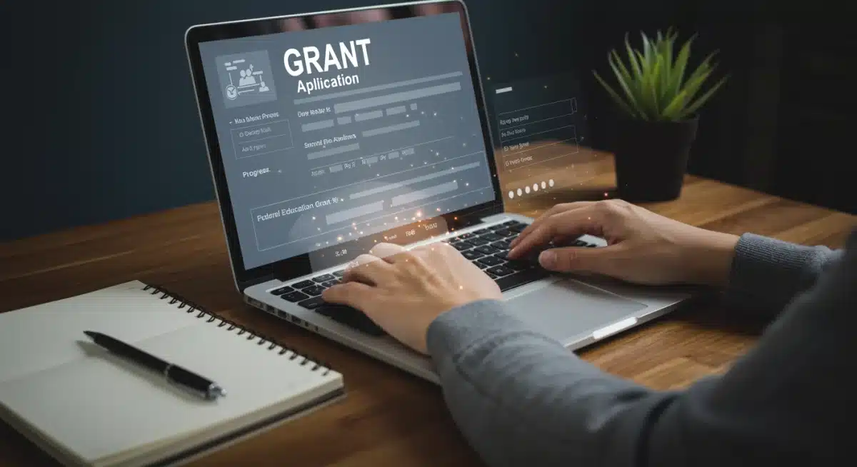 Person applying for federal education grants on a laptop, focused and diligent.