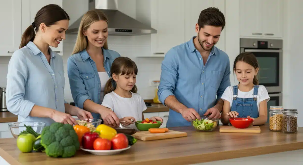 Family preparing a nutritious meal together, emphasizing healthy eating habits