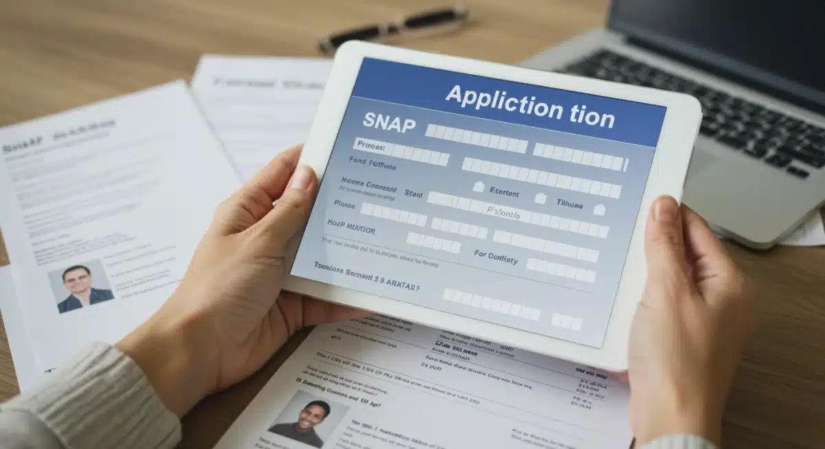 Hands filling out online SNAP application form on tablet with supporting documents.