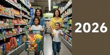 Family smiling while grocery shopping with full cart, symbolizing SNAP benefits 2026 success.