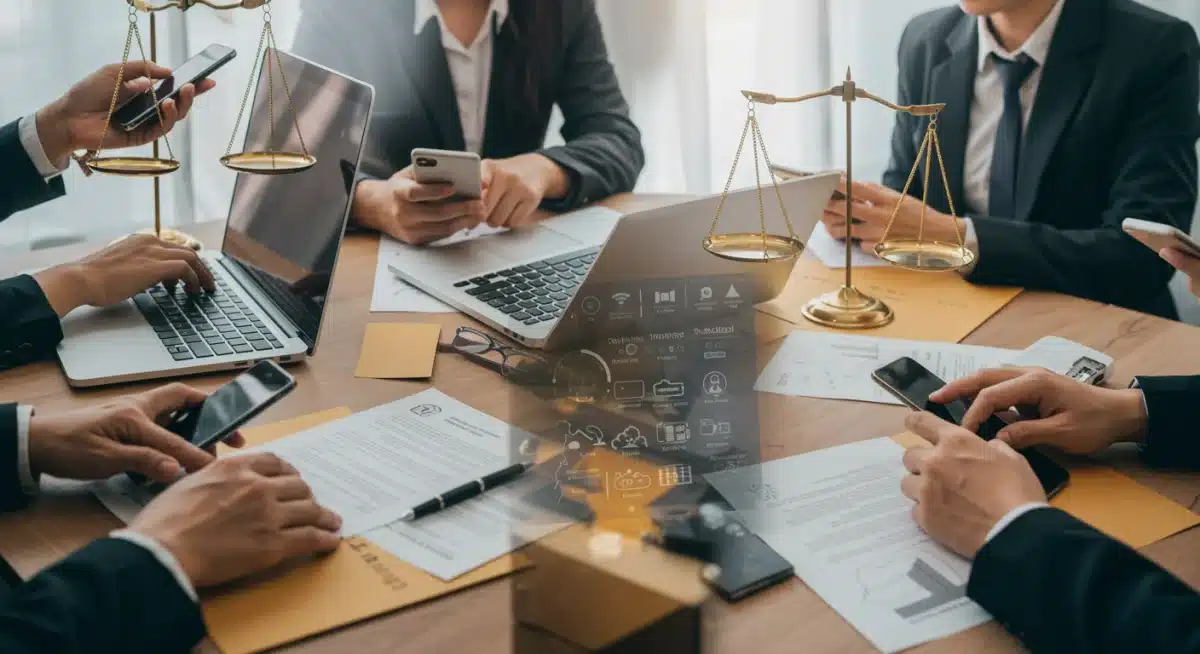 People using digital devices, legal scales, societal impact of privacy laws