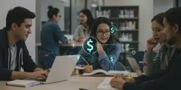 Students collaborating in a modern university library, symbolizing 2026 federal student aid planning.