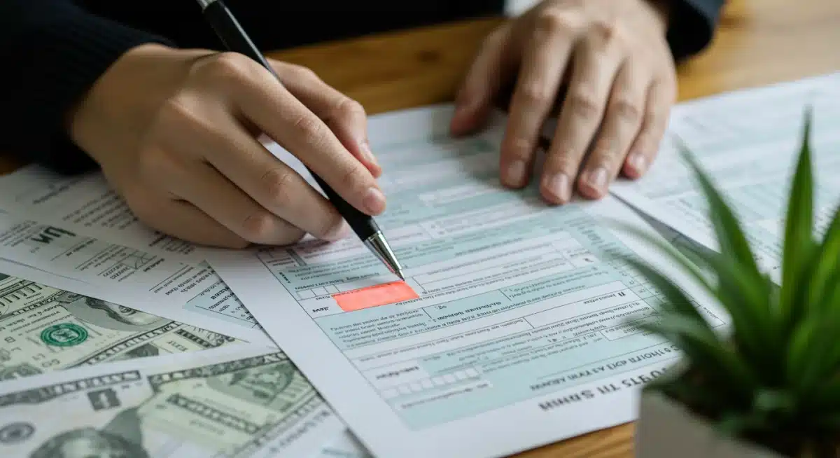 Hands highlighting important sections on a tax form for deduction identification.