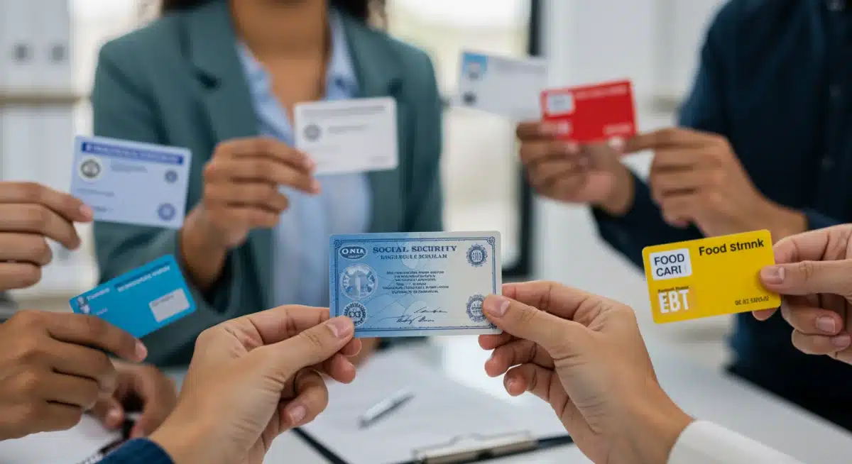 Diverse individuals holding benefit documents, illustrating program access