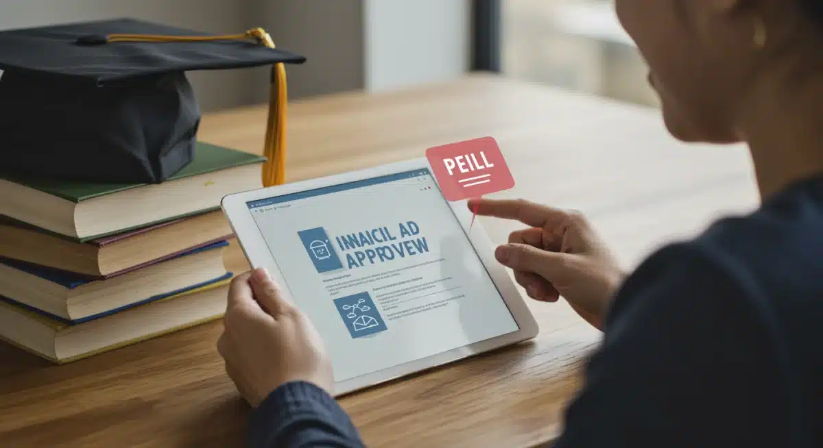 Student thrilled about financial aid approval on a tablet