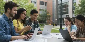 Students reviewing FAFSA financial aid documents on a college campus