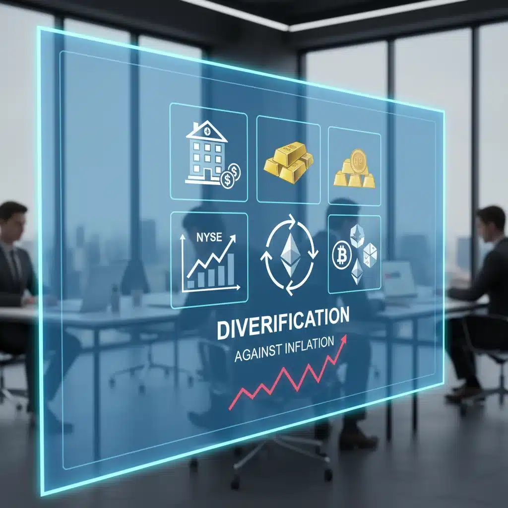 Diverse investment portfolio icons on screen, illustrating diversification against inflation.