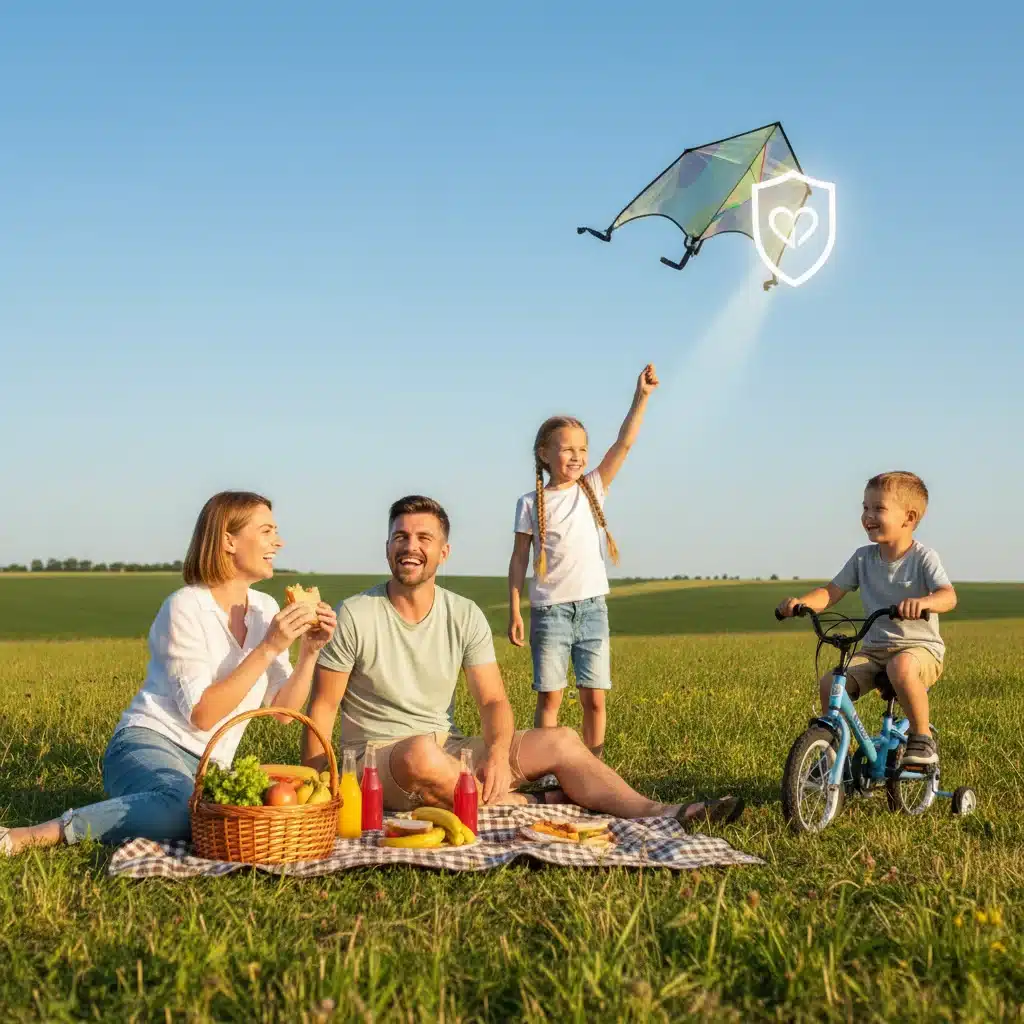 Happy family enjoying outdoor activities, symbolizing peace of mind with affordable health insurance.
