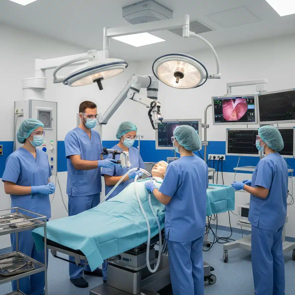 Healthcare professionals training in a simulated operating room with modern equipment.