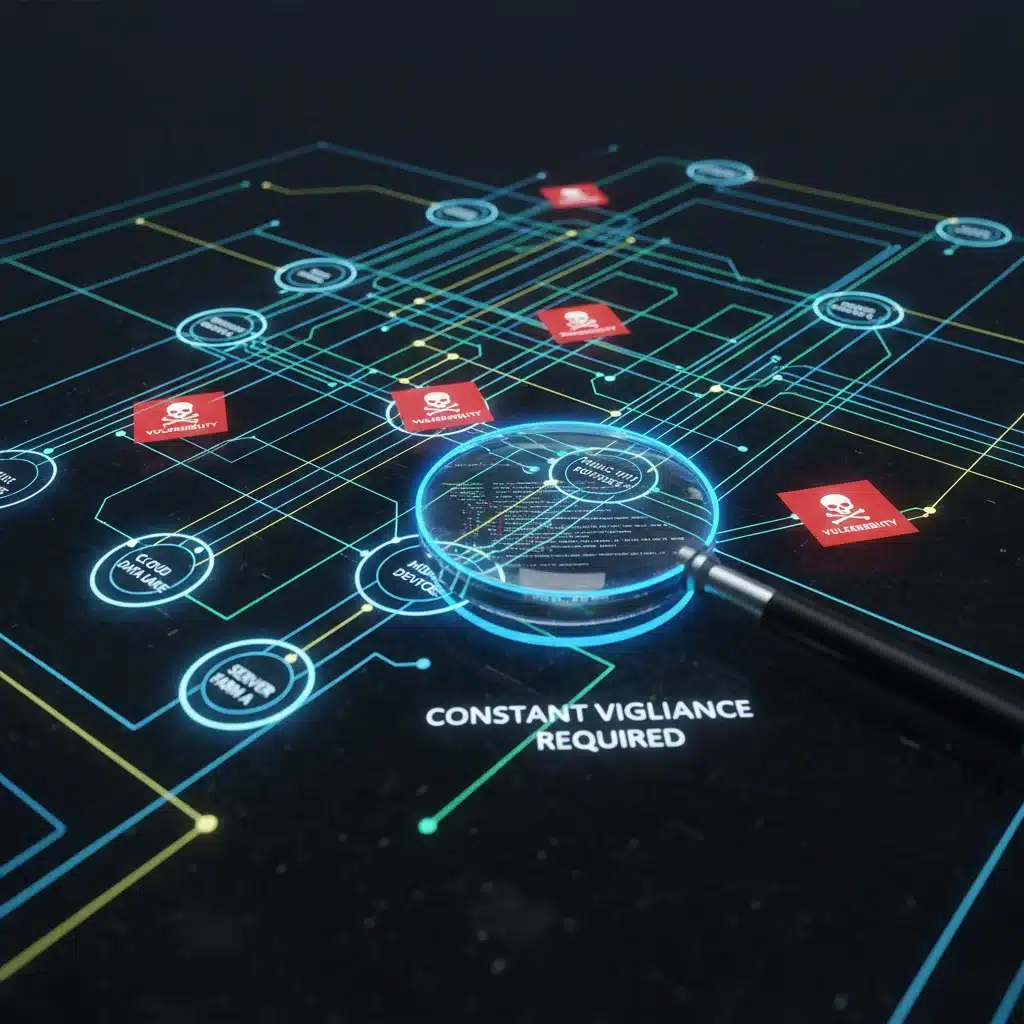 Complex network diagram showing data flow and cybersecurity vulnerabilities