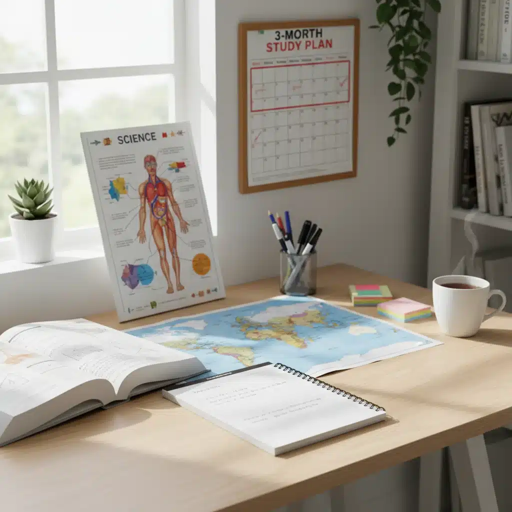Organized study materials for GED subjects with a 3-month calendar