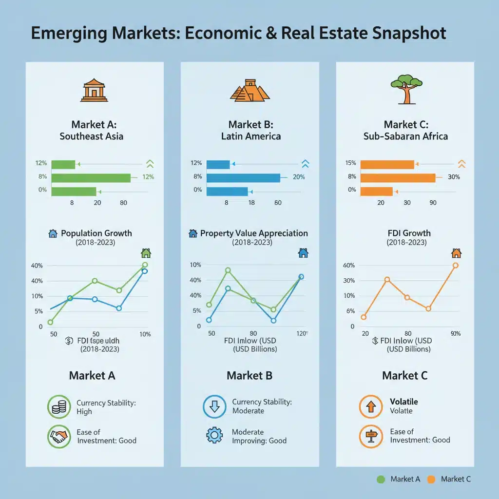 Infographic comparing economic indicators and real estate trends across three emerging markets.