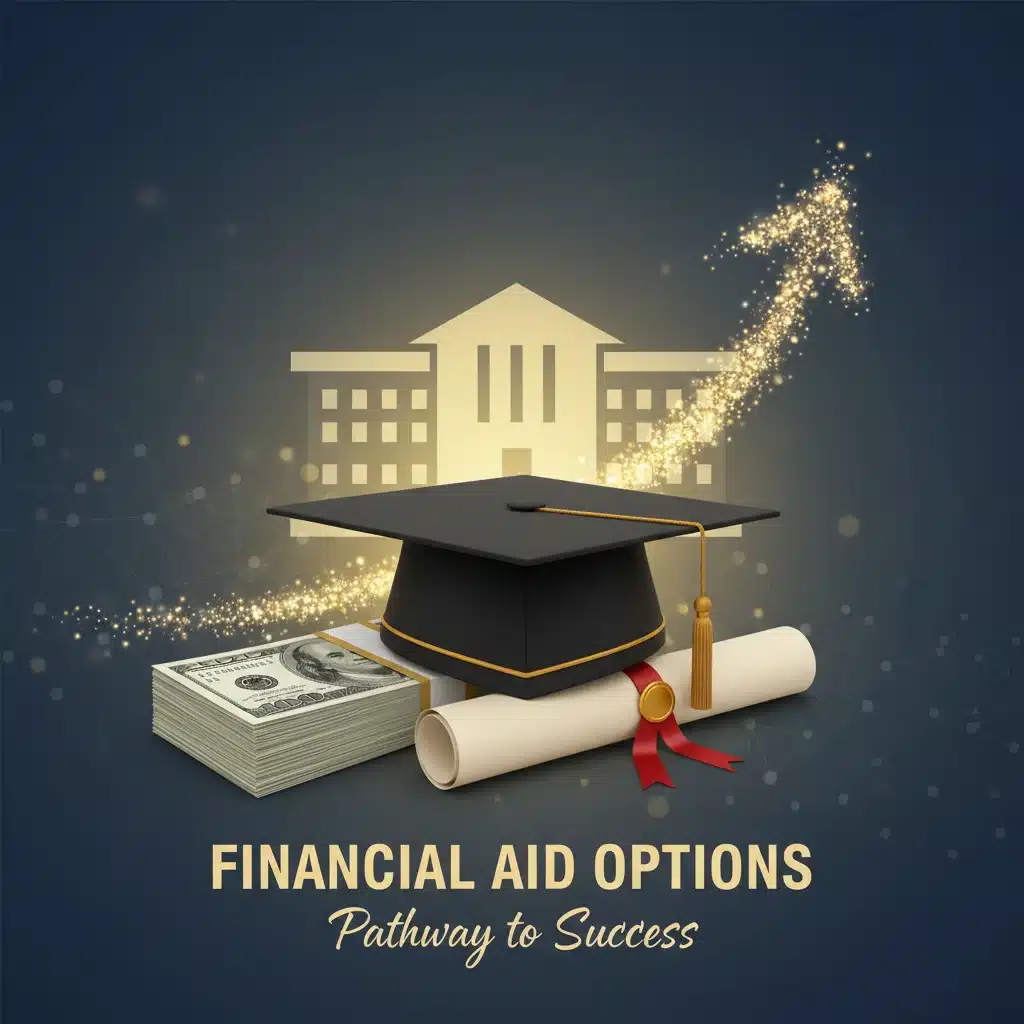 Graduation cap and diploma with stacks of money, representing successful financial aid.
