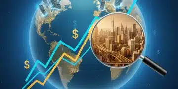 Global map with highlighted emerging cities and financial growth charts for real estate investment in 2026.