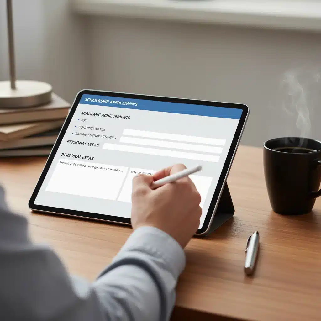 Hand completing an online scholarship application form on a tablet, highlighting the application process.