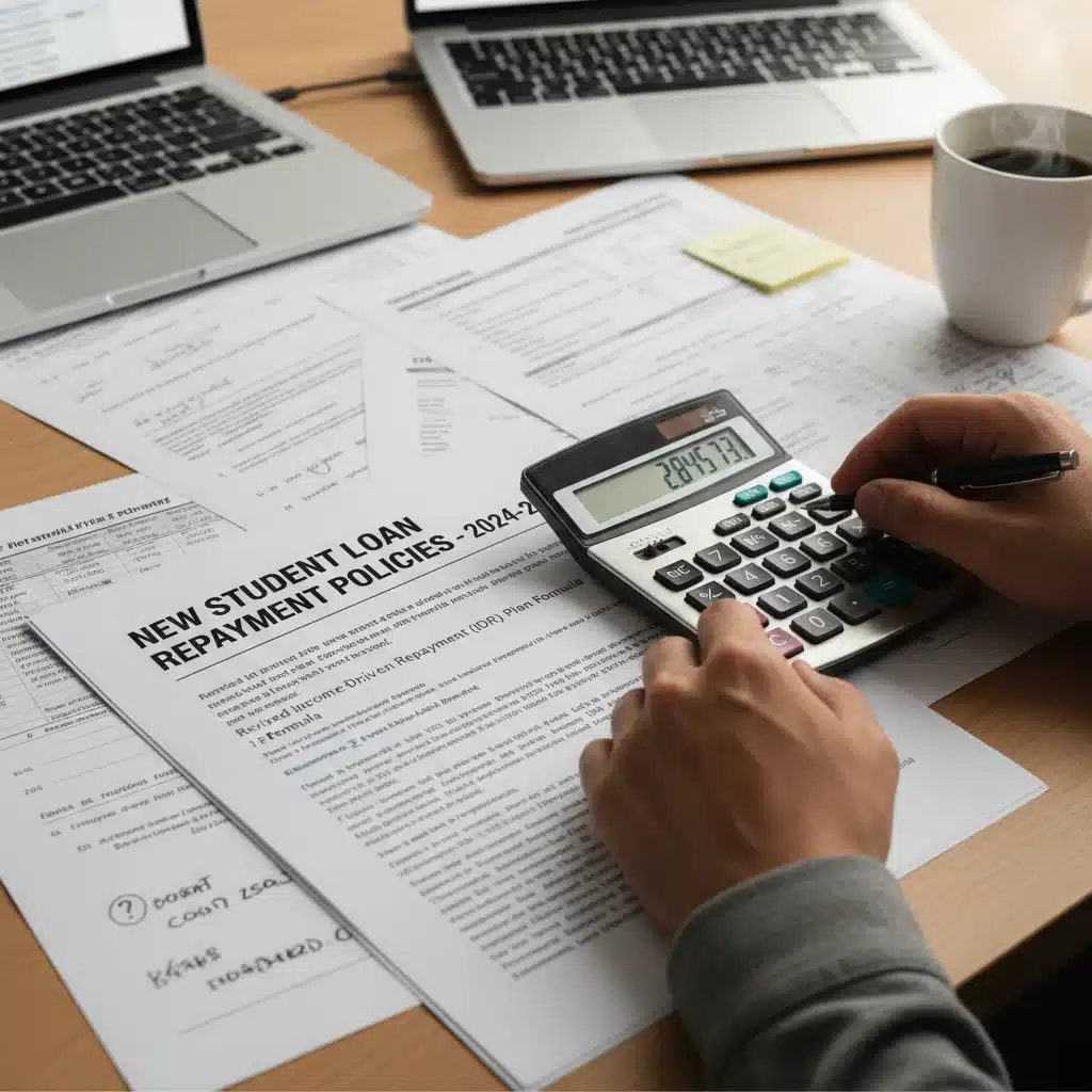 Person reviewing student loan policy documents and calculating finances