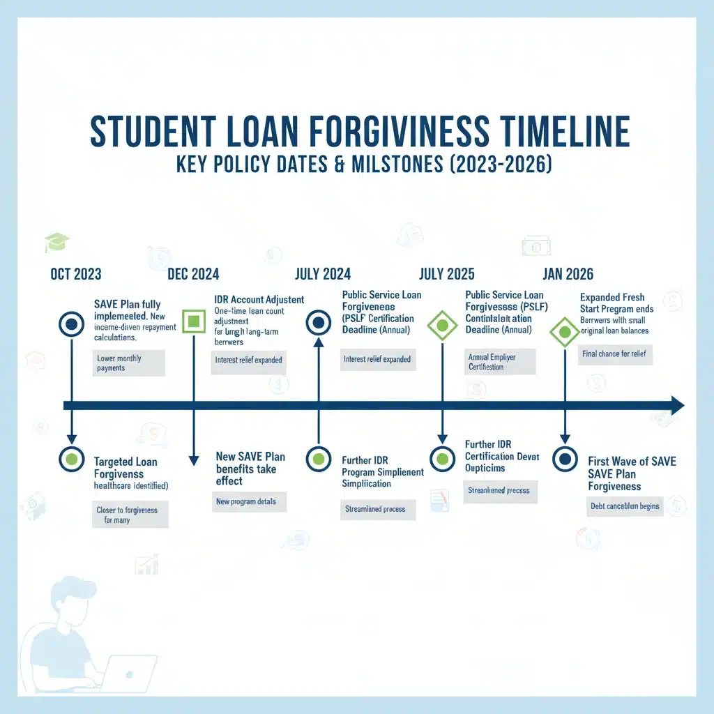 Timeline showing key dates and policy updates for student loan forgiveness 2026