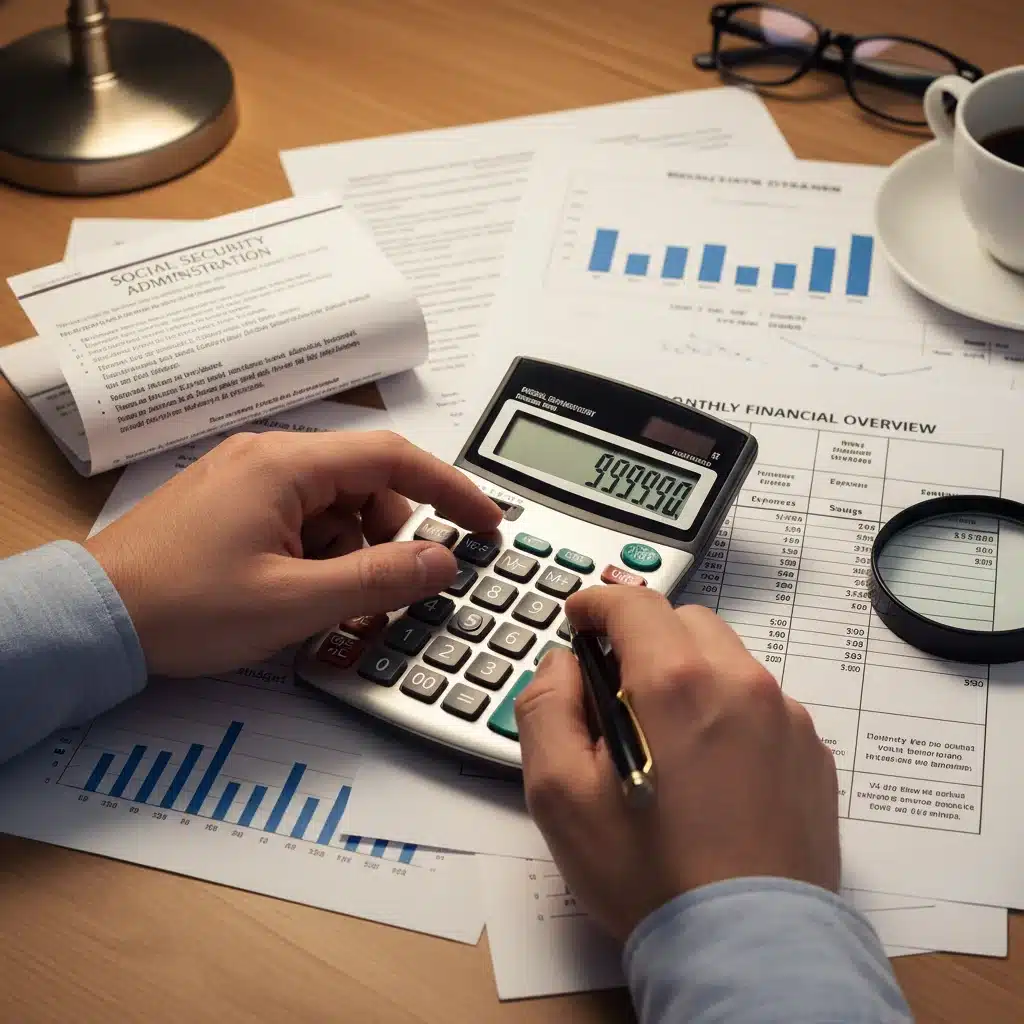 Hands calculating Social Security benefits with a calculator and financial documents