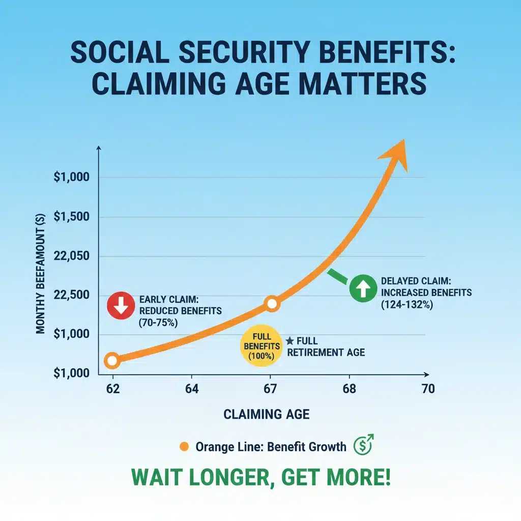 Infographic showing how claiming age affects Social Security benefit amounts.